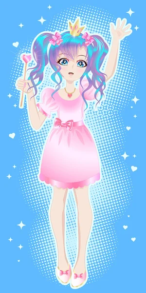 Chica en una corona de princesa, en un vestido rosa con una varita mágica en el estilo de anime, manga. — Vector de stock