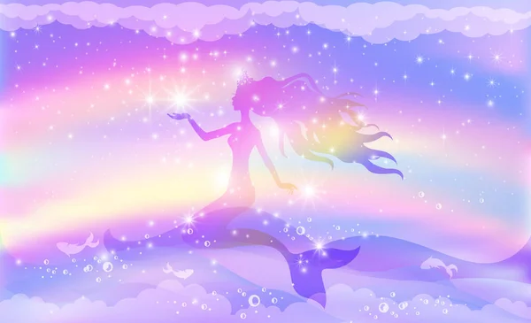 Silhouette di una principessa sirena che nuota in mare sullo sfondo di un cielo arcobaleno con stelle. — Vettoriale Stock