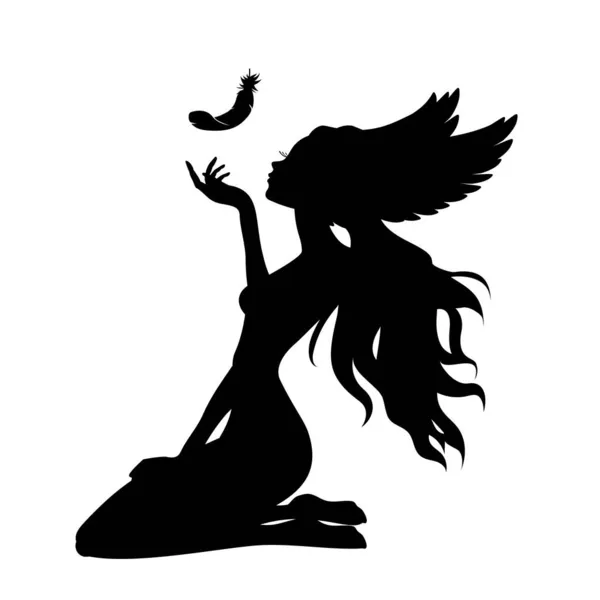 Silhouette d'une fille aux ailes et à la plume. — Image vectorielle