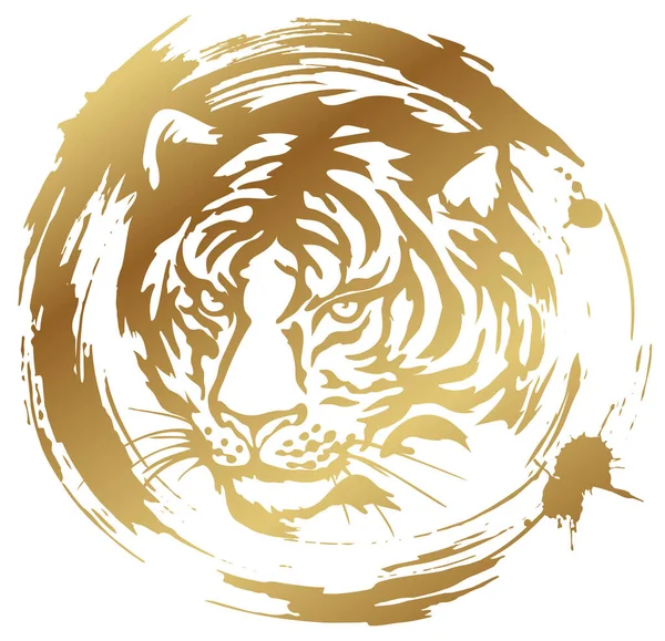 Tigerkopf. Goldsilhouette eines Tigerkopfes isoliert auf weißem Hintergrund. — Stockvektor