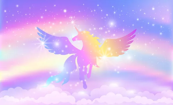 Siluet Unicorn Dengan Sayap Latar Belakang Langit Pelangi Dengan Bintang - Stok Vektor
