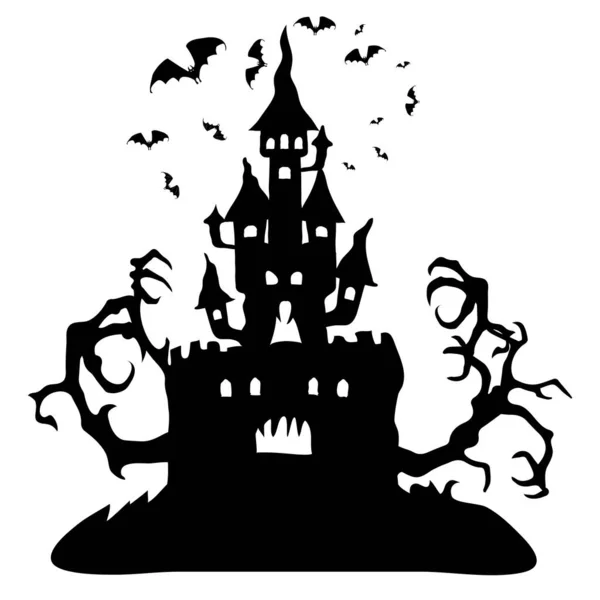 Silhouette Sinister Castle Tree Branches Halloween — Stock Vector