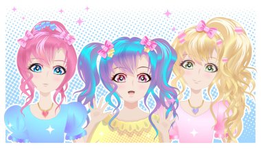 Anime tarzında sevimli gülümseyen kızlar. Manga ve animasyon tarzında mutlu karakterlere sahip bir arkaplan. 