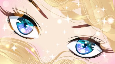 Blue eyes of a girl with blonde hair with sequins in anime style. vector Blue eyes of a girl with blonde hair with sequins in anime style. vector