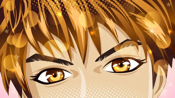 Ojos Marrones Joven Con Pelo Rubio Con Lentejuelas Estilo Anime — Vector de stock