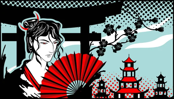 Elinde Kırmızı Yelpaze Olan Bir Adam Manga Anime Tarzıyla Pagoda — Stok Vektör