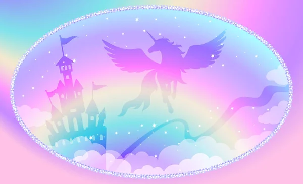 キラキラと輝く翼のあるユニコーンと魔法の虹の空の幻想的な背景 — ストックベクタ