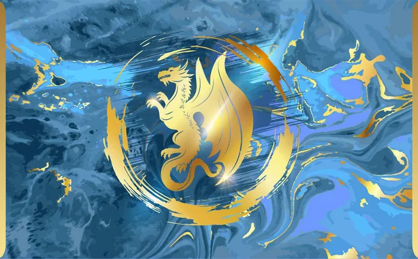 Goldener Drache Einem Ring Auf Blauem Hintergrund Fantasievoll Blauer Und — Stockvektor