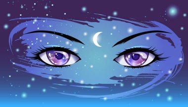 Gece yıldızlı gökyüzünün arka planında mor anime gözler. Manga ve anime tarzında vektör illüstrasyon. Uzaydan gelen delici bakışın vektör görüntüsü.