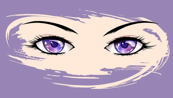 紫色の目のアニメの女の子 マンガ風のベクトルイラスト 背景から隔離されたバリアを通してピアスの外観のベクトル画像 — ストックベクタ