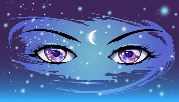 Lila Anime Ögon Bakgrunden Natten Stjärnklar Himmel Vektorillustration Manga Och — Stock vektor