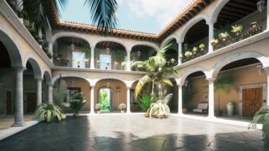 Lüks bir malikanenin avlusu. Otelin güzel avlusu. Boş otel avlusu. 3d görselleştirme