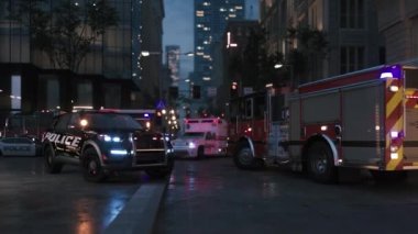 Kaza mahallinde acil servis. İtfaiye, polis ve ambulans. 3d görselleştirme