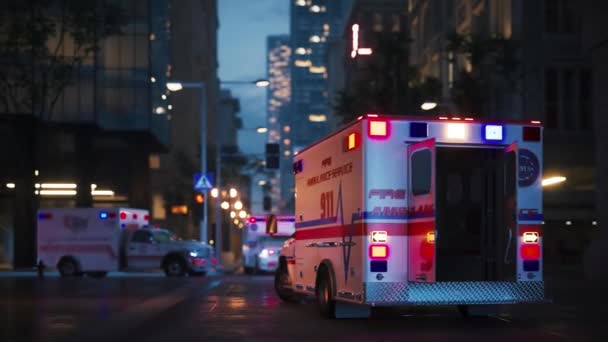 Auto Ambulanza Con Sirena Notte Luci Lampeggianti Ambulanza Servizio Emergenza — Video Stock