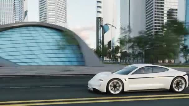 Coche Atraviesa Ciudad Futurista Coche Futurista Conduciendo Ciudad Moderna Visualización — Vídeo de stock