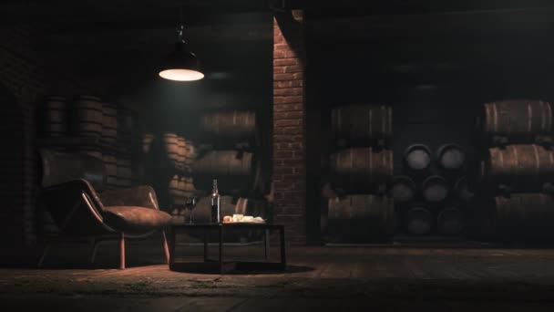 Lagerraum Für Wein Fässern Rotweinverkostung Weinkeller Ein Glas Rotwein Auf — Stockvideo