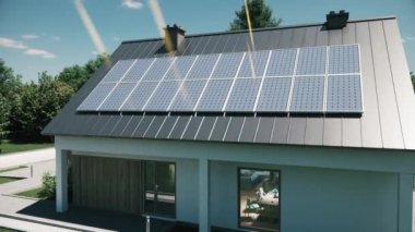 Evin elektrik şeması. Güneş enerjisi paneli ile yeşil çevre dostu ev kavramı. Güneş hücresi diyagramı