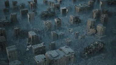 Şehrin bombalanmasından sonra yıkılan evler. Savaş yüzünden şehri tamamen yok etti. Döngülü 3d canlandırma
