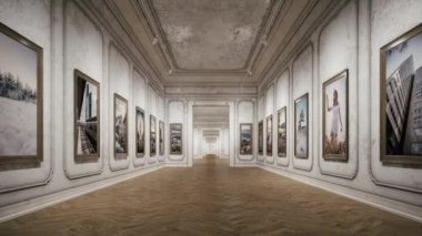 The concept of modern art museum. NFT Museum. NFT Crypto Art. Exhibition of digital art. Concept of traditional art into digital. NFT with digital technology. 3d animation