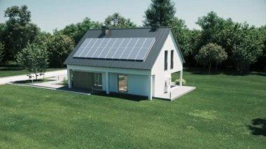 Ev ısıtma sistemi. Özel bir ev için ısı pompası. Modern ısıtma sistemi. 3d görselleştirme