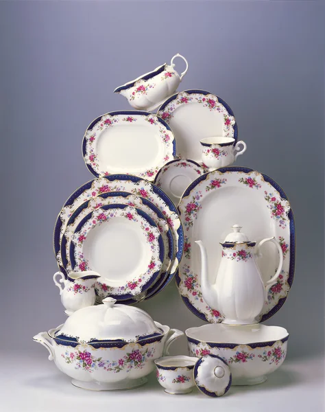 Set aus Porzellan floralen Tellern und Geschirr — Stockfoto