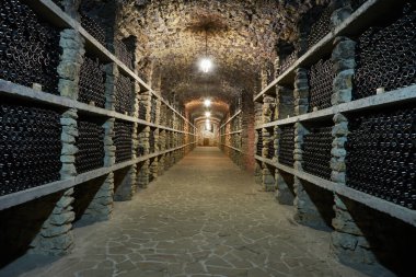 Şarap şişeleri çellada raflarda