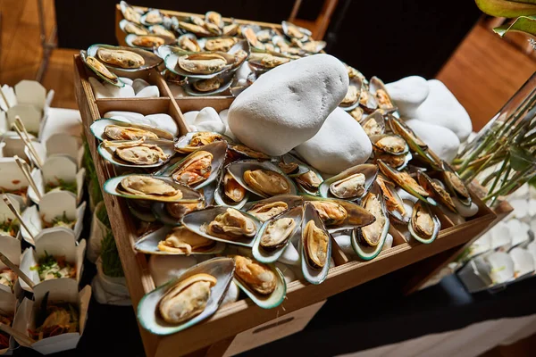 Top View Large Number Mussels Table Decoration Catering — Fotografia de Stock