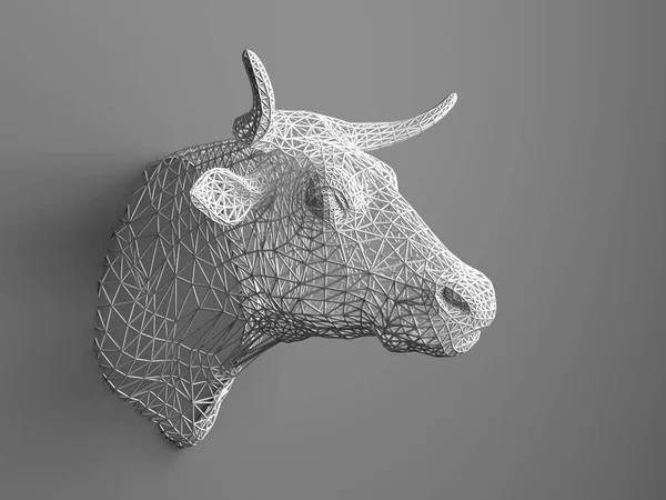 人工の雄牛の頭が壁にかかっている 雄牛の頭だ 三次元グリッドからの牛 壁に美術品のオブジェクト ボリュームモデル メッシュワーク — ストック写真