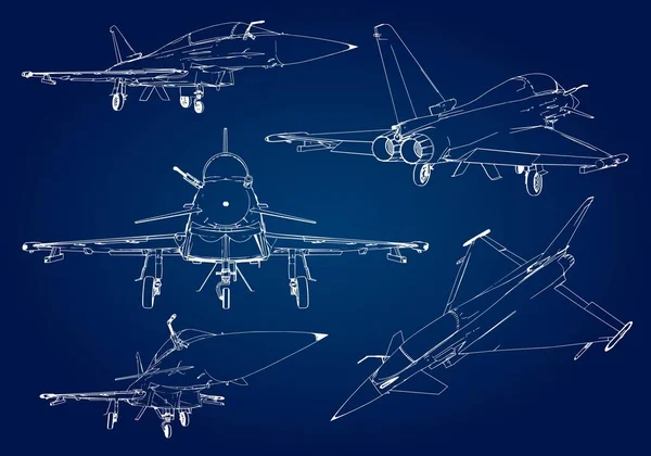 Askeri jet avcı uçağı siluetleri kümesi. Dağılım çizim çizgileri uçaklarda görüntüsünü.