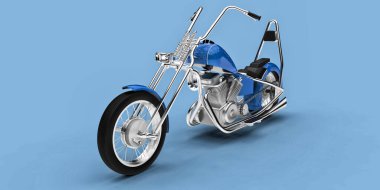 Açık mavi arka planda izole edilmiş mavi klasik motosiklet. 3d rendring