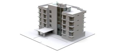 Şeffaf gözlüklü beyaz renkli apartman modeli. Apartman dairesi. 3d oluşturma