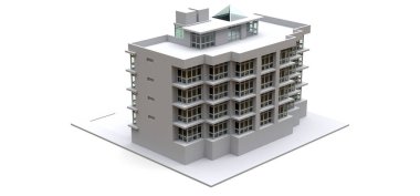 Şeffaf gözlüklü beyaz renkli apartman modeli. Apartman dairesi. 3d oluşturma