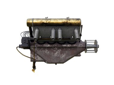 Beyaz arka planda bir araba motorunun 3d çizimi