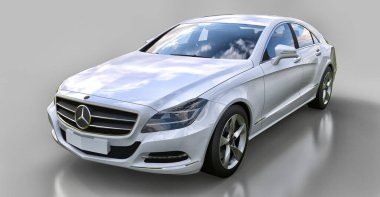 Gri bir arka plan üzerinde beyaz Mercedes Benz Cls Coupe. 3D render