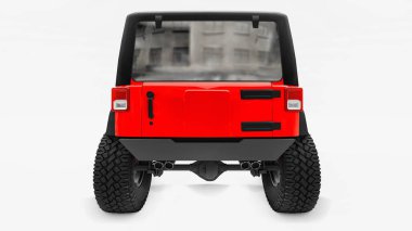 Dağlarda, bataklıklarda, çöllerde ve engebeli arazilerde keşif yapmak için güçlü kırmızı bir SUV. Büyük tekerlekler, dik engeller için kaldırma süspansiyonu. 3d oluşturma