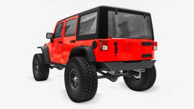 Powerful red tuned SUV for expeditions in mountains, swamps, desert and any rough terrain. Big wheels, lift suspension for steep obstacles. 3d rendering clipart
