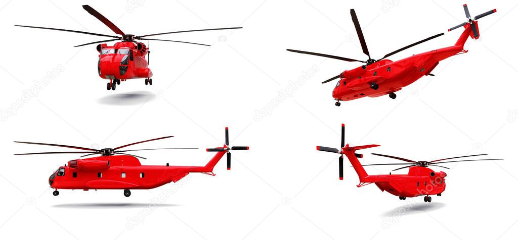 Set military transport or rescue red helicopter on white background. 3d illustration