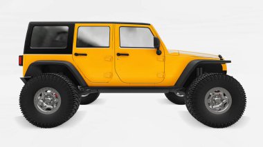 Güçlü sarı arazi araçları dağlarda, bataklıklarda, çöllerde ve engebeli arazilerde keşif yapmak için ayarlandı. Büyük tekerlekler, dik engeller için kaldırma süspansiyonu. 3d oluşturma