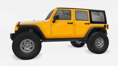 Güçlü sarı arazi araçları dağlarda, bataklıklarda, çöllerde ve engebeli arazilerde keşif yapmak için ayarlandı. Büyük tekerlekler, dik engeller için kaldırma süspansiyonu. 3d oluşturma