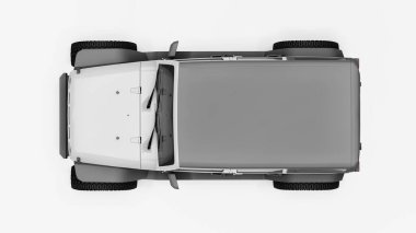 Dağlarda, bataklıklarda, çölde ve beyazların üzerindeki engebeli arazide yapılacak keşif gezileri için güçlü beyaz bir SUV. Büyük tekerlekler, dik engeller için kaldırma süspansiyonu. Beyaz arka planda üç boyutlu illüstrasyon. 3d oluşturma