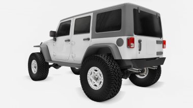 Dağlarda, bataklıklarda, çölde ve beyazların üzerindeki engebeli arazide yapılacak keşif gezileri için güçlü beyaz bir SUV. Büyük tekerlekler, dik engeller için kaldırma süspansiyonu. Beyaz arka planda üç boyutlu illüstrasyon. 3d oluşturma