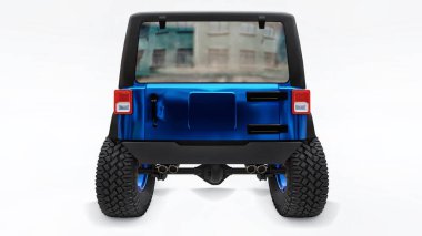 Güçlü mavi arazi aracı, dağlarda, bataklıklarda, çölde ve beyazların üzerindeki engebeli arazide keşif yapmak için ayarlandı. Büyük tekerlekler, dik engeller için kaldırma süspansiyonu. Beyaz arka planda üç boyutlu illüstrasyon. 3d oluşturma