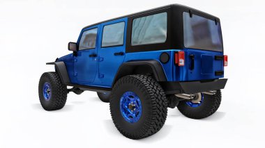 Güçlü mavi arazi aracı, dağlarda, bataklıklarda, çölde ve beyazların üzerindeki engebeli arazide keşif yapmak için ayarlandı. Büyük tekerlekler, dik engeller için kaldırma süspansiyonu. Beyaz arka planda üç boyutlu illüstrasyon. 3d oluşturma