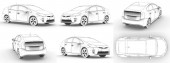 Állítsa be a háromdimenziós modell egy hibrid családi autó stilizált ceruza rajz fehér alapon. 3D-s renderelés
