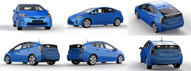 Modern aile hibrit mavi arabasını beyaz arka planda, yerde gölgesi olan bir arkaplanda ayarla. 3d oluşturma