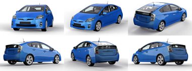 Modern aile hibrit mavi arabasını beyaz arka planda, yerde gölgesi olan bir arkaplanda ayarla. 3d oluşturma