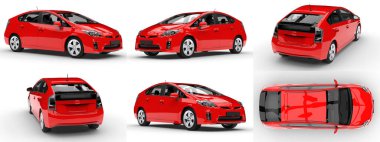 Modern aile hibrit arabasını beyaz arka planda, yerde gölgesi olan kırmızı renge ayarla. 3d oluşturma