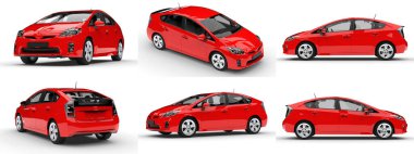 Modern aile hibrit arabasını beyaz arka planda, yerde gölgesi olan kırmızı renge ayarla. 3d oluşturma