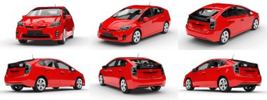 Modern aile hibrit arabasını beyaz arka planda, yerde gölgesi olan kırmızı renge ayarla. 3d oluşturma