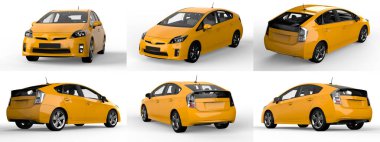 Modern aile hibrit arabasını beyaz arka planda, yerde gölgesi olan sarı renge ayarla. 3d oluşturma